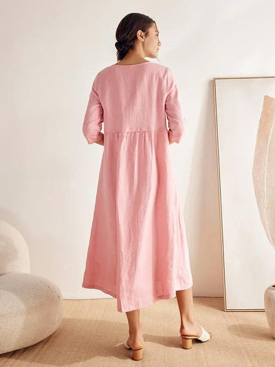 100% Linen Loose Fit Button Waist Gathered Maxi Dress LUNA