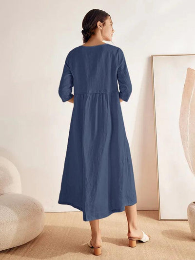 100% Linen Loose Fit Button Waist Gathered Maxi Dress LUNA