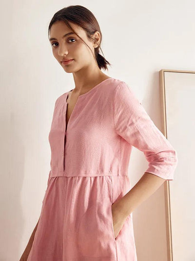 100% Linen Loose Fit Button Waist Gathered Maxi Dress LUNA