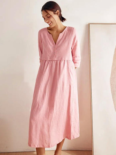 100% Linen Loose Fit Button Waist Gathered Maxi Dress LUNA