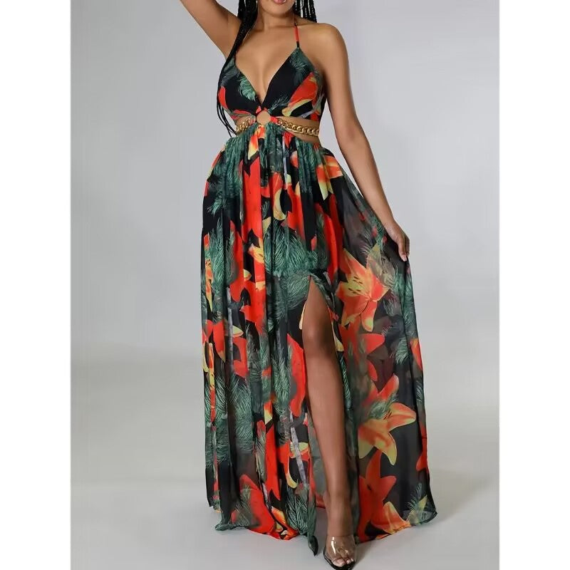 Floral halter dress with open back and side slits