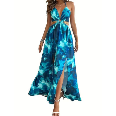 Floral halter dress with open back and side slits