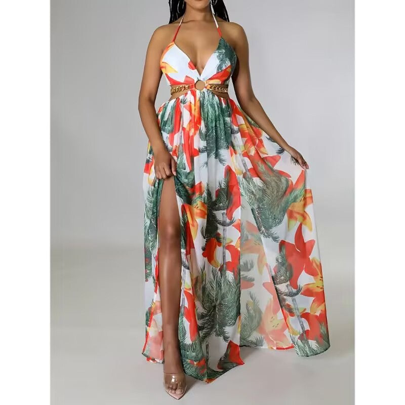 Floral halter dress with open back and side slits