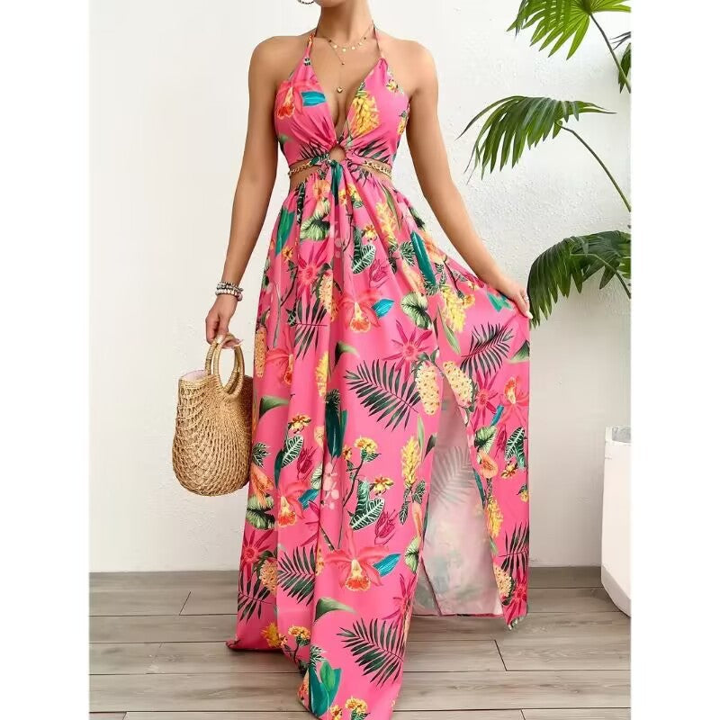 Floral halter dress with open back and side slits
