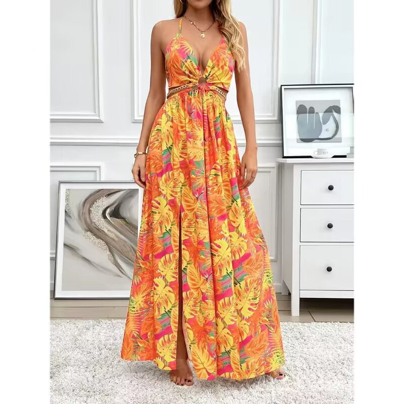 Floral halter dress with open back and side slits