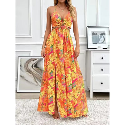 Floral halter dress with open back and side slits