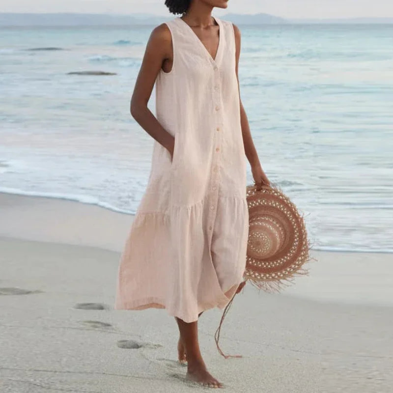 Cavell™ – Sleeveless Summer Dress Featuring Button Closure