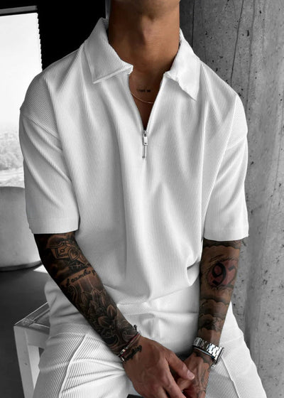 Oversize Textured Zipper Polo T-Shirt