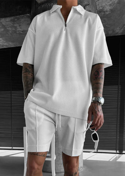 Oversize Textured Zipper Polo T-Shirt