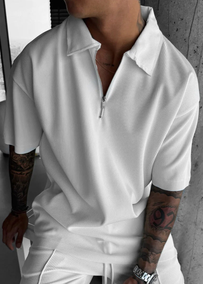 Oversize Textured Zipper Polo T-Shirt