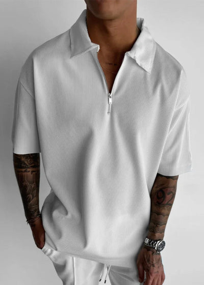 Oversize Textured Zipper Polo T-Shirt