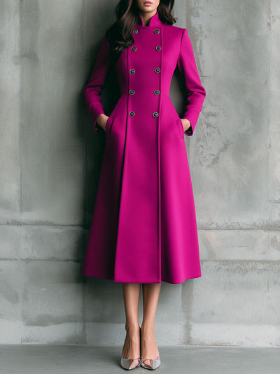 High Collar Hot Pink Double-Breasted Wool Blend Midi Coat With Side Pocket