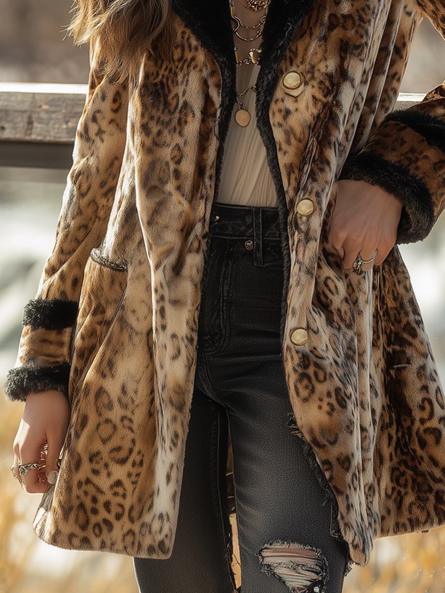 Retro Contrast Trim Leopard Print Velvet Jacket