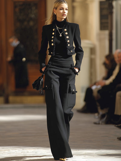 Black Jacket And Pants With Fringe Accents