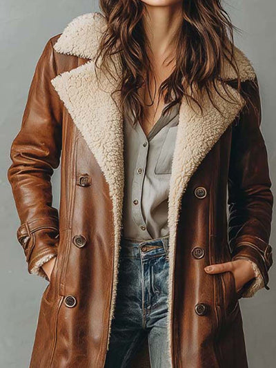 Vintage Shearling-Lined Brown Leather Coat