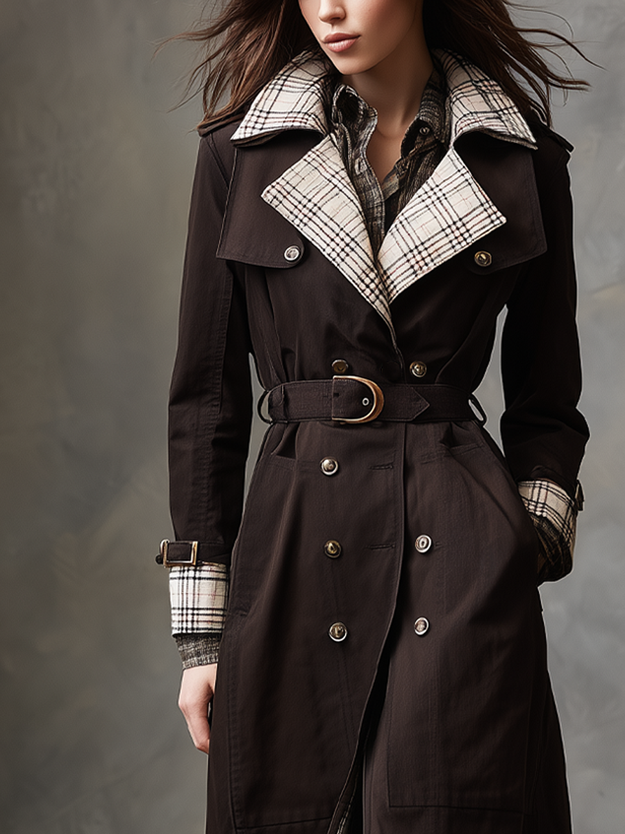 Retro Plaid Contrast Collar Trench Coat