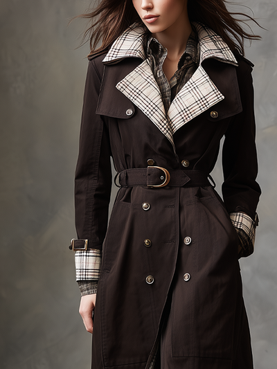 Retro Plaid Contrast Collar Trench Coat