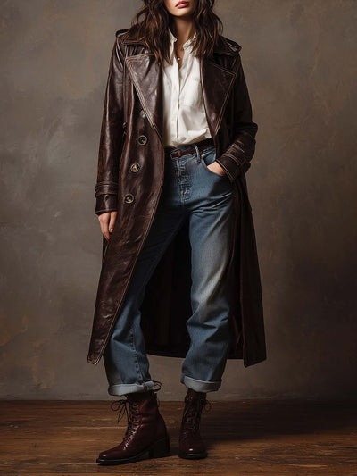 Vintage Brown Leather Trench Coat