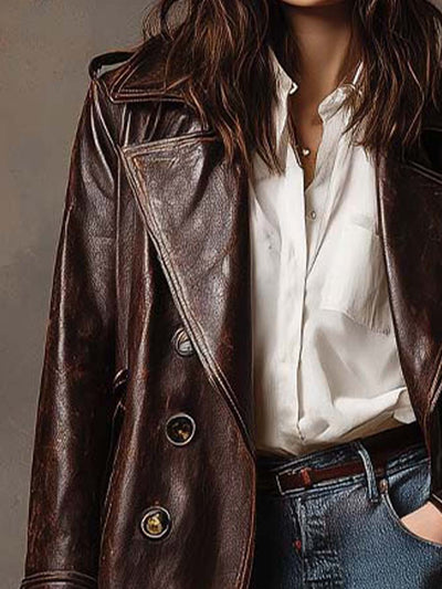 Vintage Brown Leather Trench Coat
