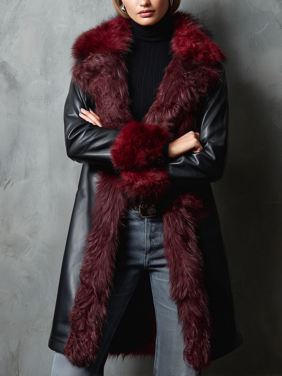 Black And Burgundy Eco Leather Long Coat With Plush Eco Fur Trim & Lining