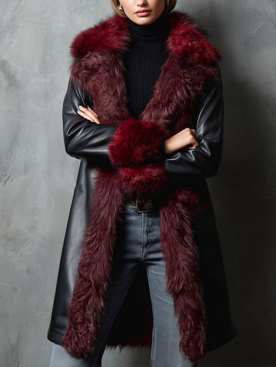 Black And Burgundy Eco Leather Long Coat With Plush Eco Fur Trim & Lining