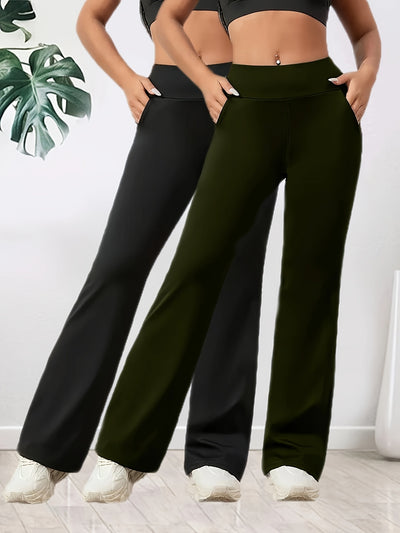 2pcs Women'S High-Waist Wide-Leg Flare Pants - Stretchy Elastic Waistband, Breathable Loose Fit for Yoga, Walking & Casual Outings, Olive Green & Black, Side Pockets, All-Season Comfort, Yoga Pants, Comfortable Footwear