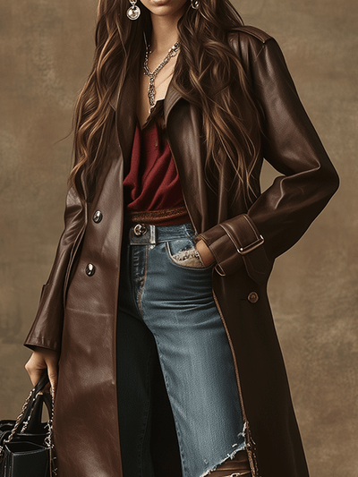 Vintage Western Chic Dark Brown Leather Trench Coat