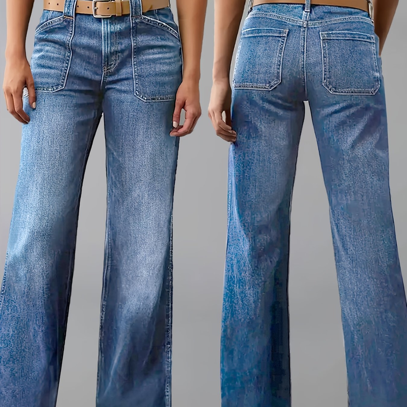 Retro Wide-Leg Patch Pocket Jeans".