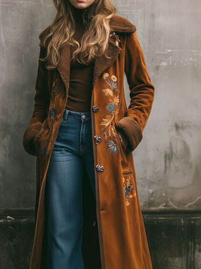 Vintage Embroidered Microsuede Shearling Lining Long Coat