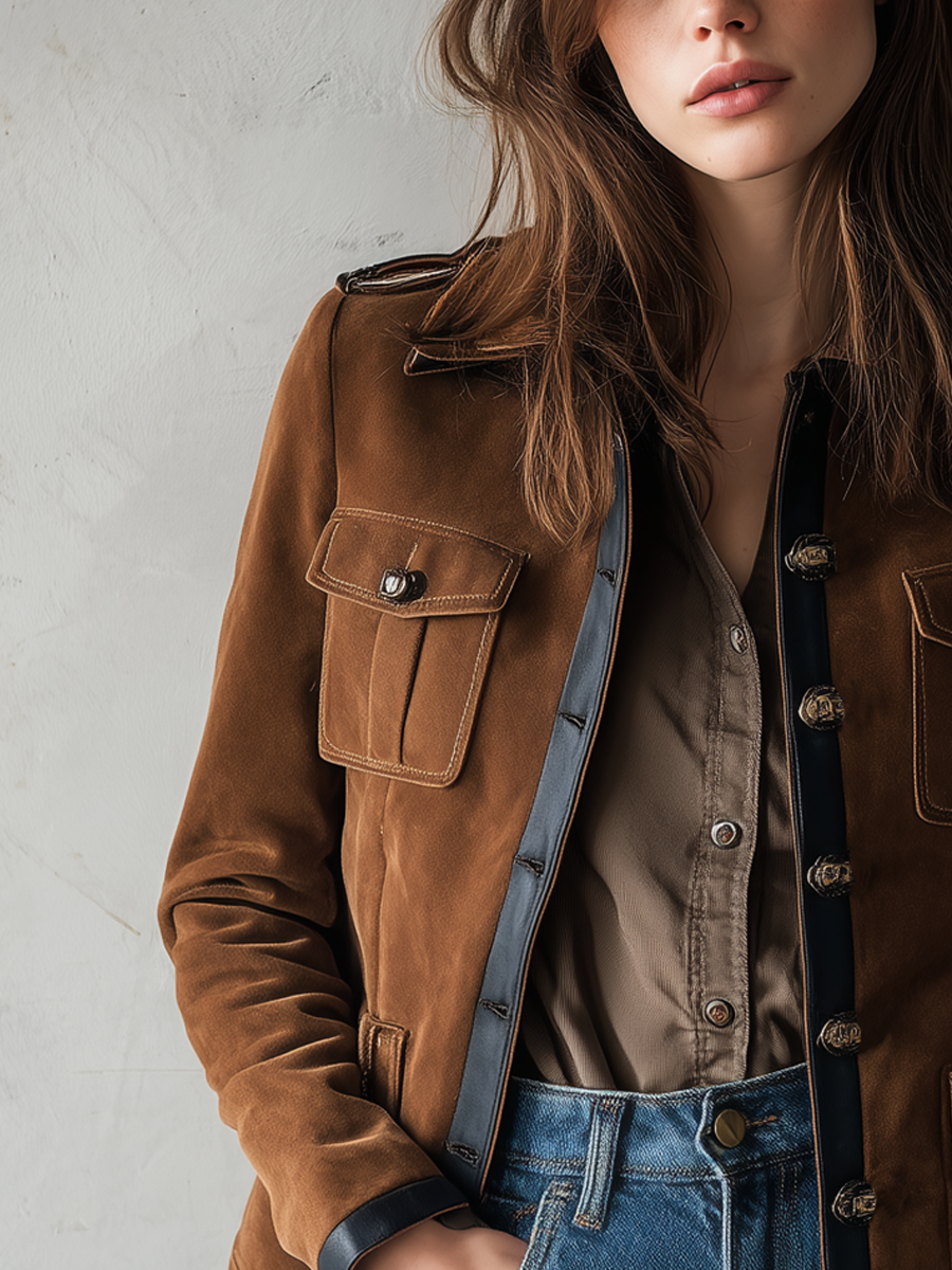 Retro Military Style Contrast Color Eco-friendly Leather Trim Suede Coat