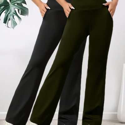 2pcs Women'S High-Waist Wide-Leg Flare Pants - Stretchy Elastic Waistband, Breathable Loose Fit for Yoga, Walking & Casual Outings, Olive Green & Black, Side Pockets, All-Season Comfort, Yoga Pants, Comfortable Footwear