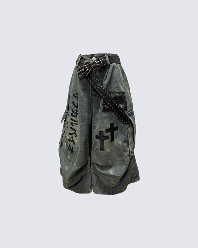 Gothic Washed Denim Shorts with Chains