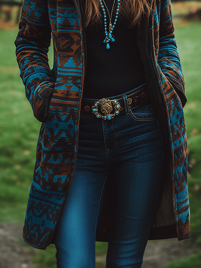 Retro Boho Longline Tribal Print Wool Long  Coat