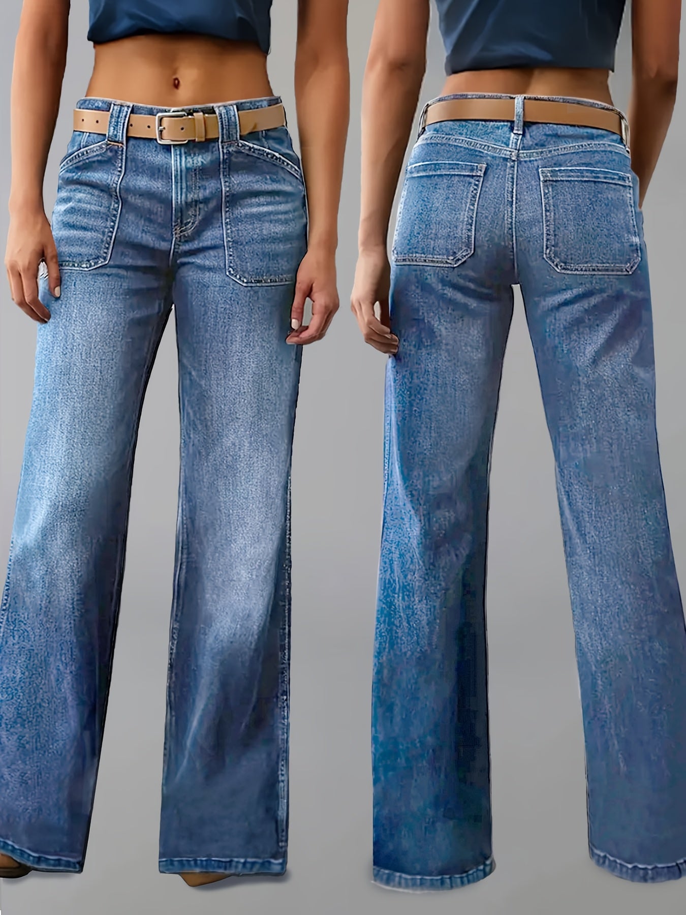 Retro Wide-Leg Patch Pocket Jeans".