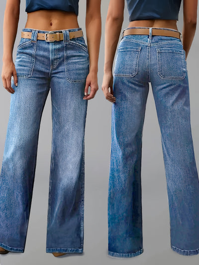 Retro Wide-Leg Patch Pocket Jeans".