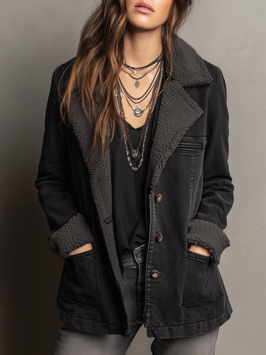 Retro Pocket Faux Sherpa Lined Denim Coat