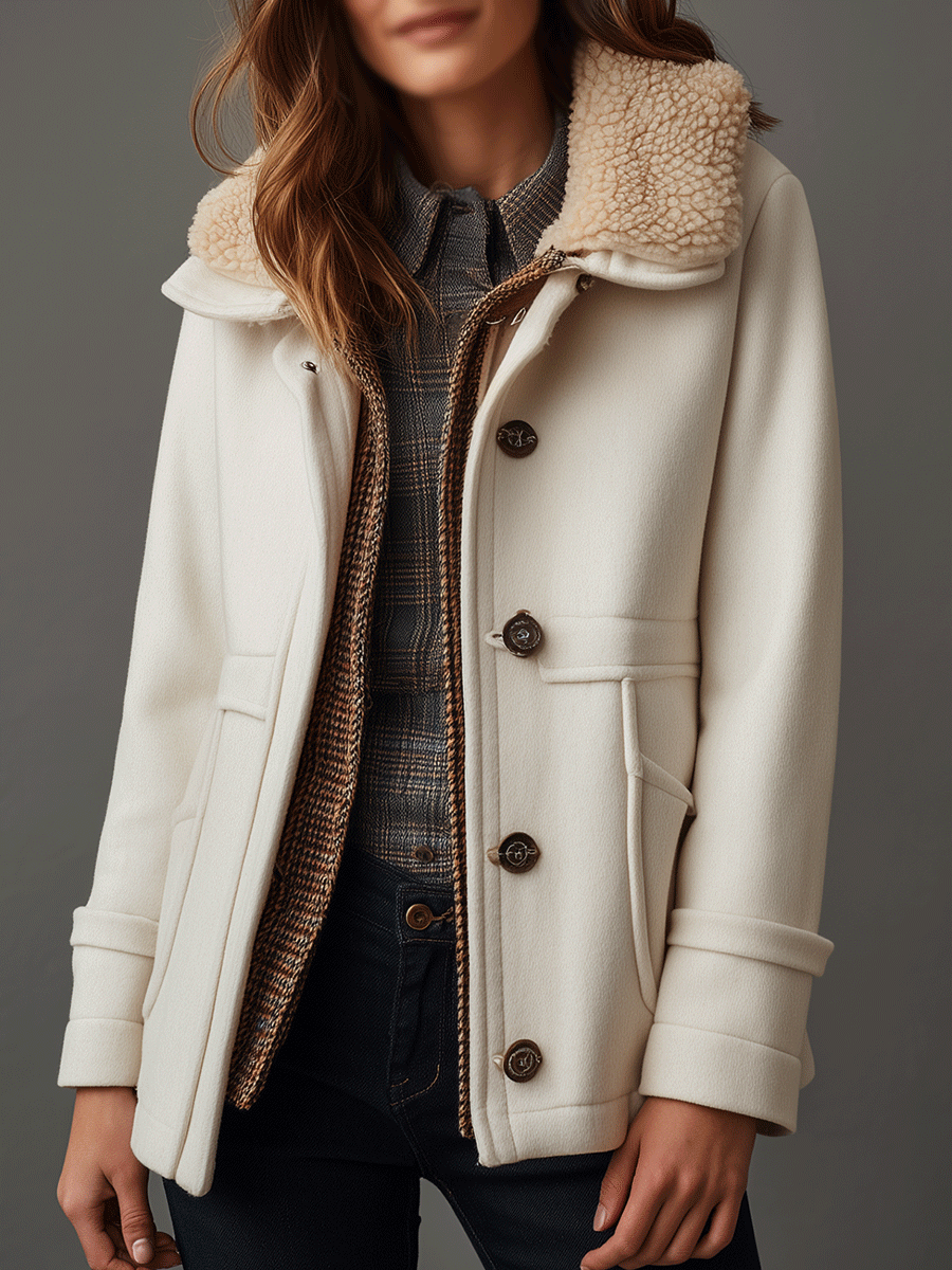 Casual Cream Faux Wool Blend Fur Collar Pocket Coat