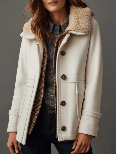 Casual Cream Faux Wool Blend Fur Collar Pocket Coat