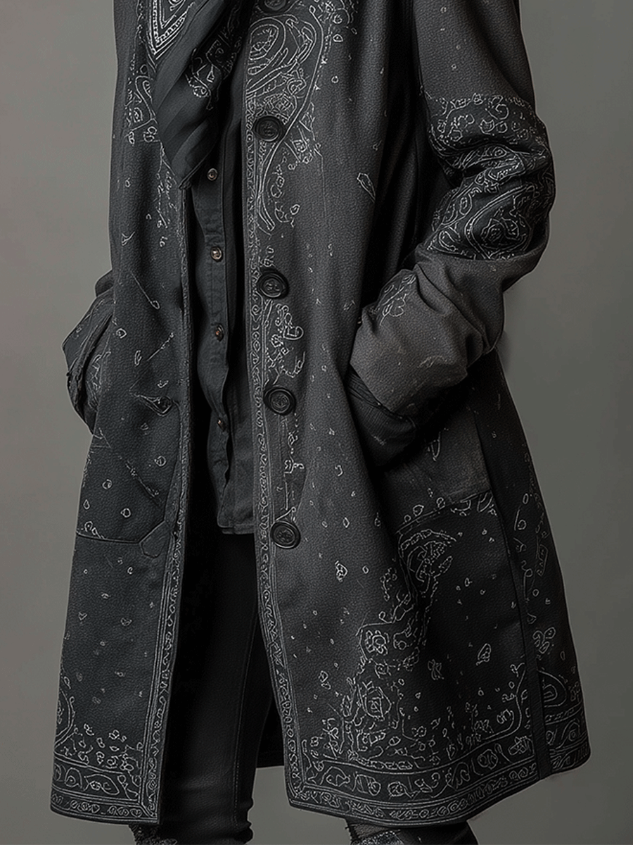 Vintage Dark Charcoal Printed Trench Coat