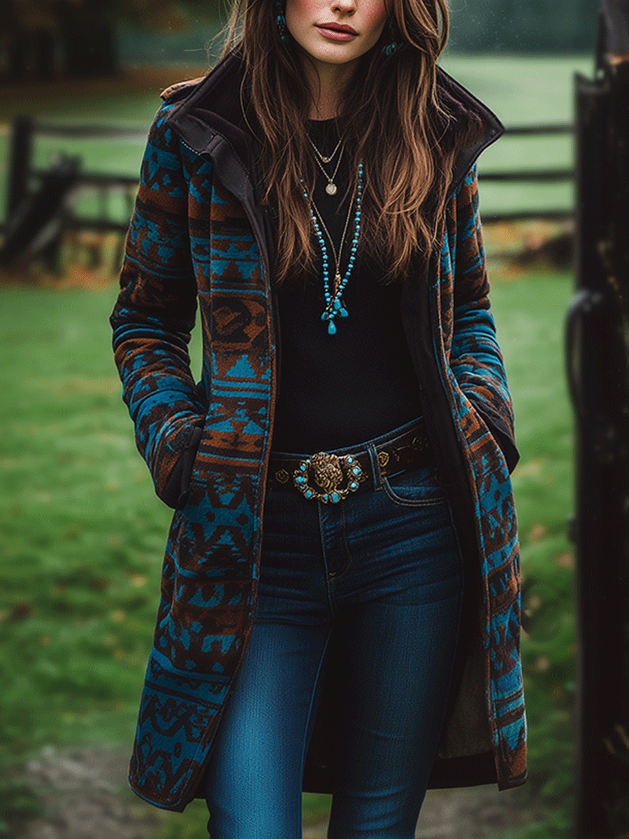Retro Boho Longline Tribal Print Wool Long  Coat