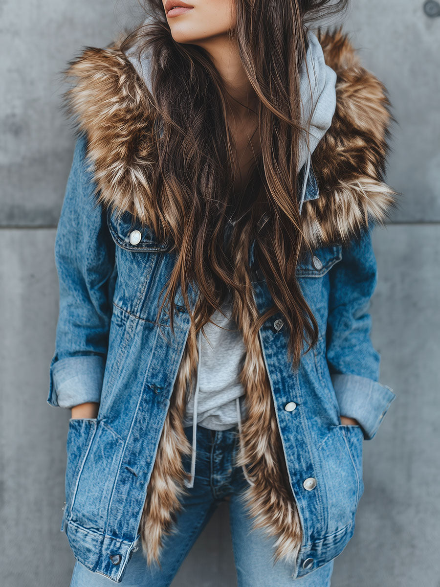 Casual Eco Fur Trimmed & Fleece Lining Denim Hooded Jacket