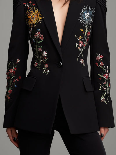 Retro Flower Embroidered Pleated Sleeves Waist Blazer