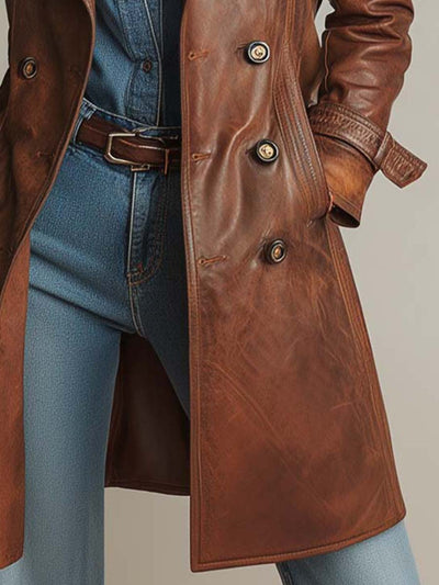 Vintage Brown PU Leather Double-Breasted Trench Coat