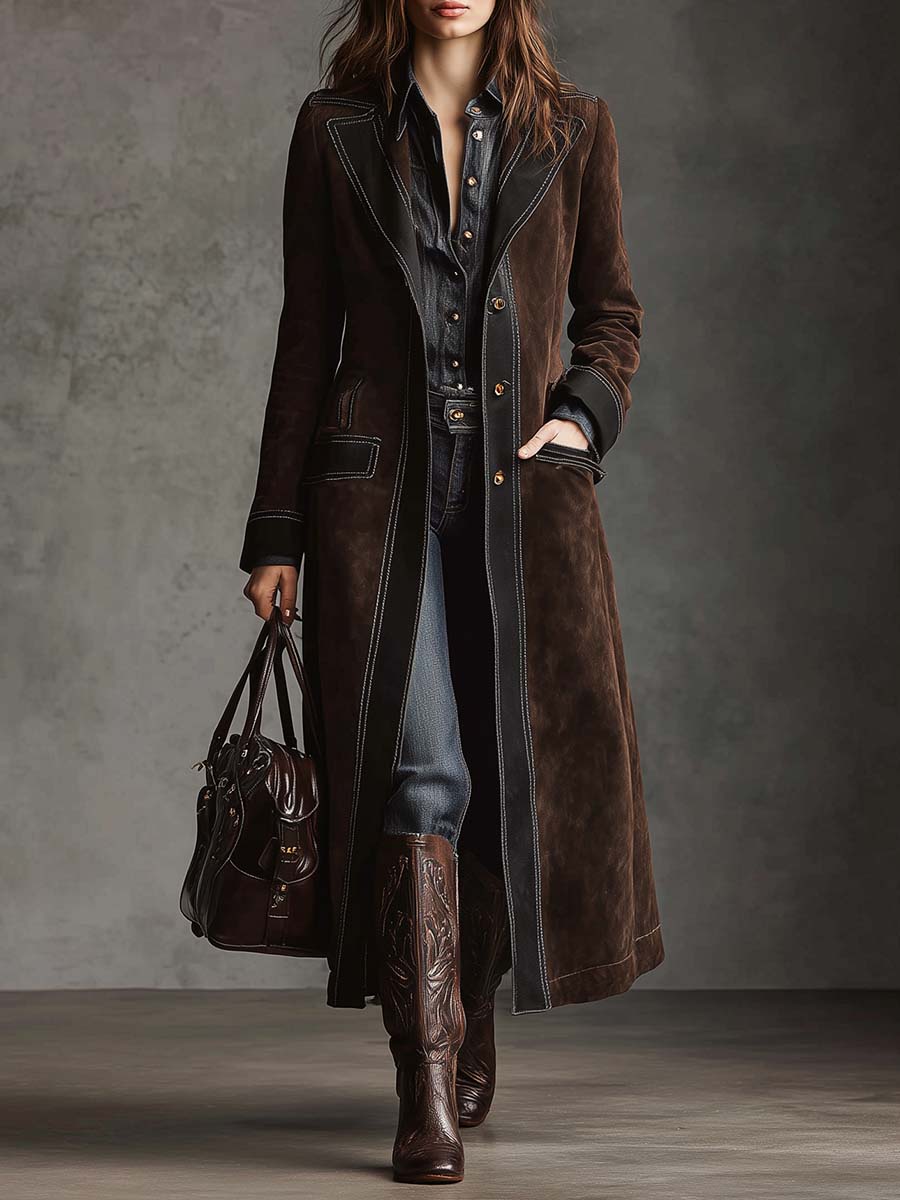 Vintage Brown Suede Maxi Coat With Contrast Trim