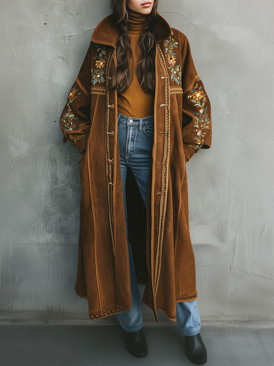 Boho Floral Embroidery Wide Collar Microsuede Long Coat