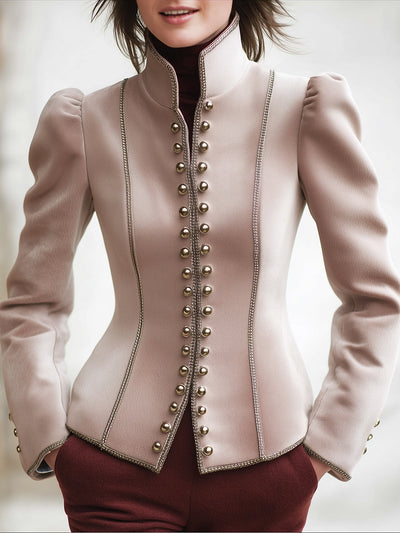 Elegant Vintage Silver Thread Edged Puff Sleeve Woolen Jacket