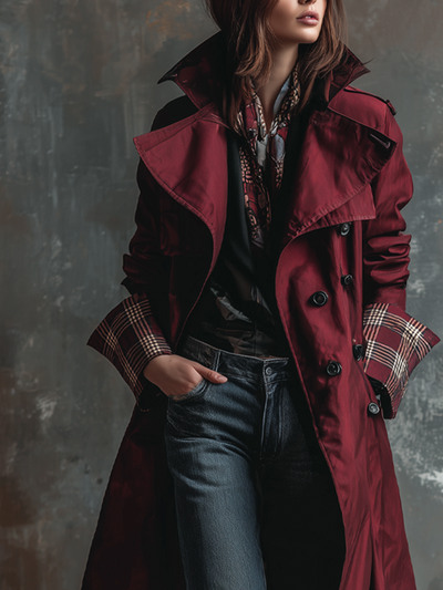 Retro Plaid Cuffs Exaggerated Lapel Trench Coat