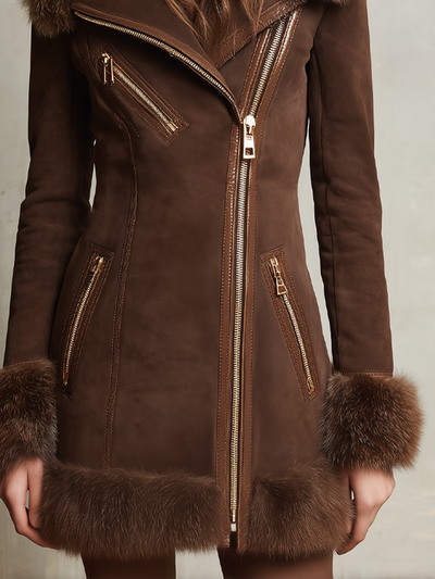 Retro Oblique Zipper Fur Collar Eco-friendly Suede Coat