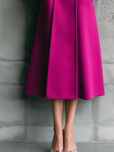 High Collar Hot Pink Double-Breasted Wool Blend Midi Coat With Side Pocket