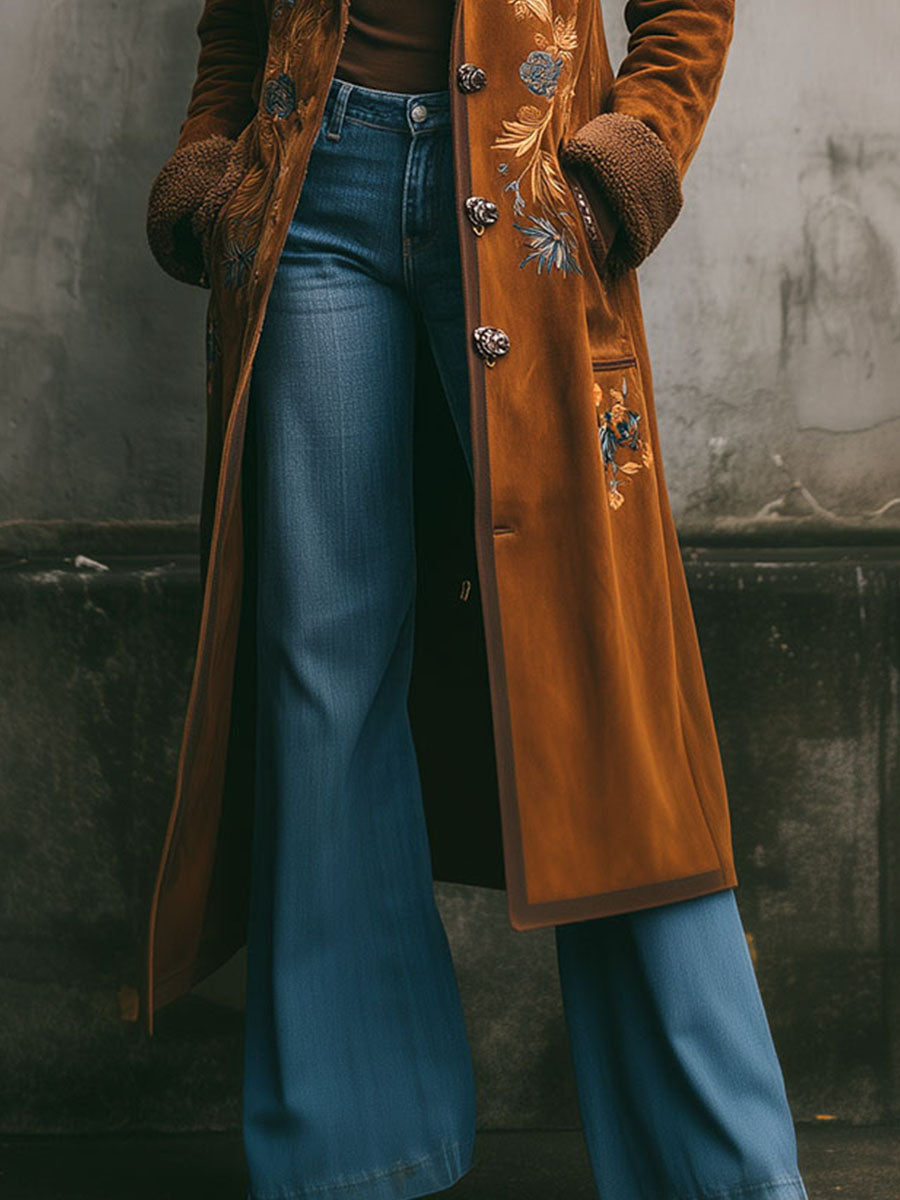 Vintage Embroidered Microsuede Shearling Lining Long Coat